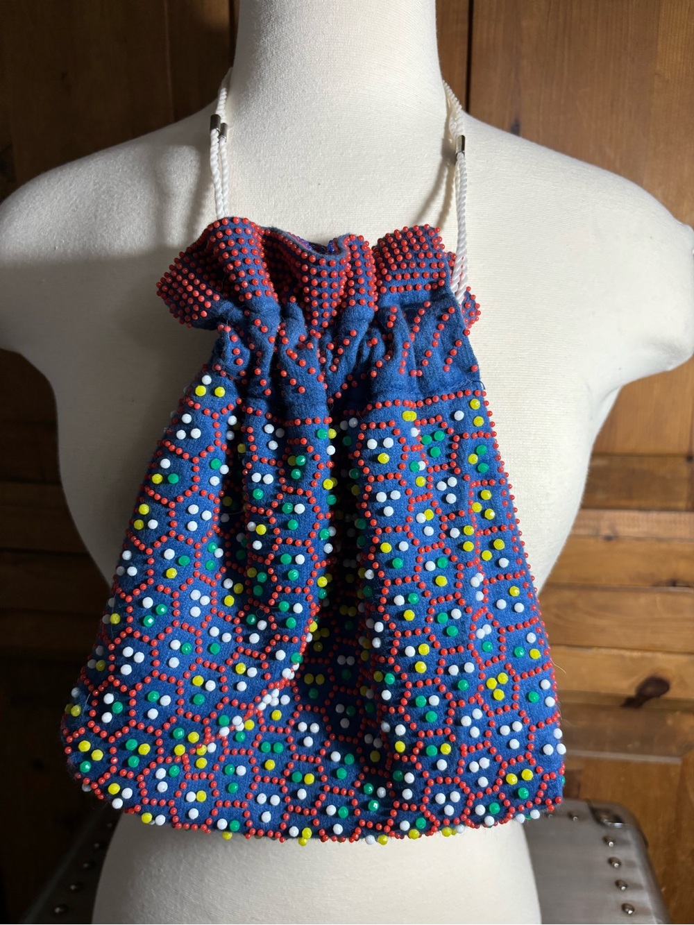 Vintage Candy Dot Blue & Red Reversible Drawstring Bucket Bag